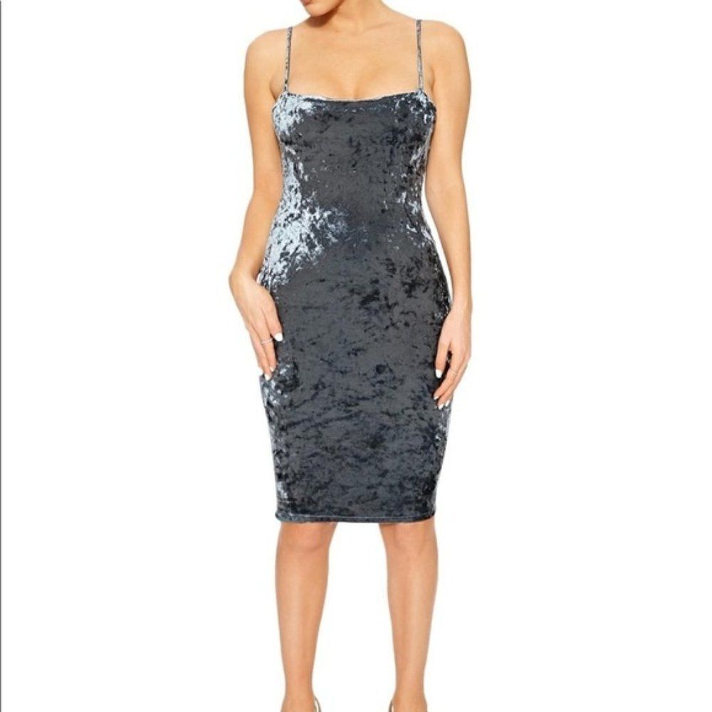 naked wardrobe Silver Crushed Velvet Midi Slip Dress